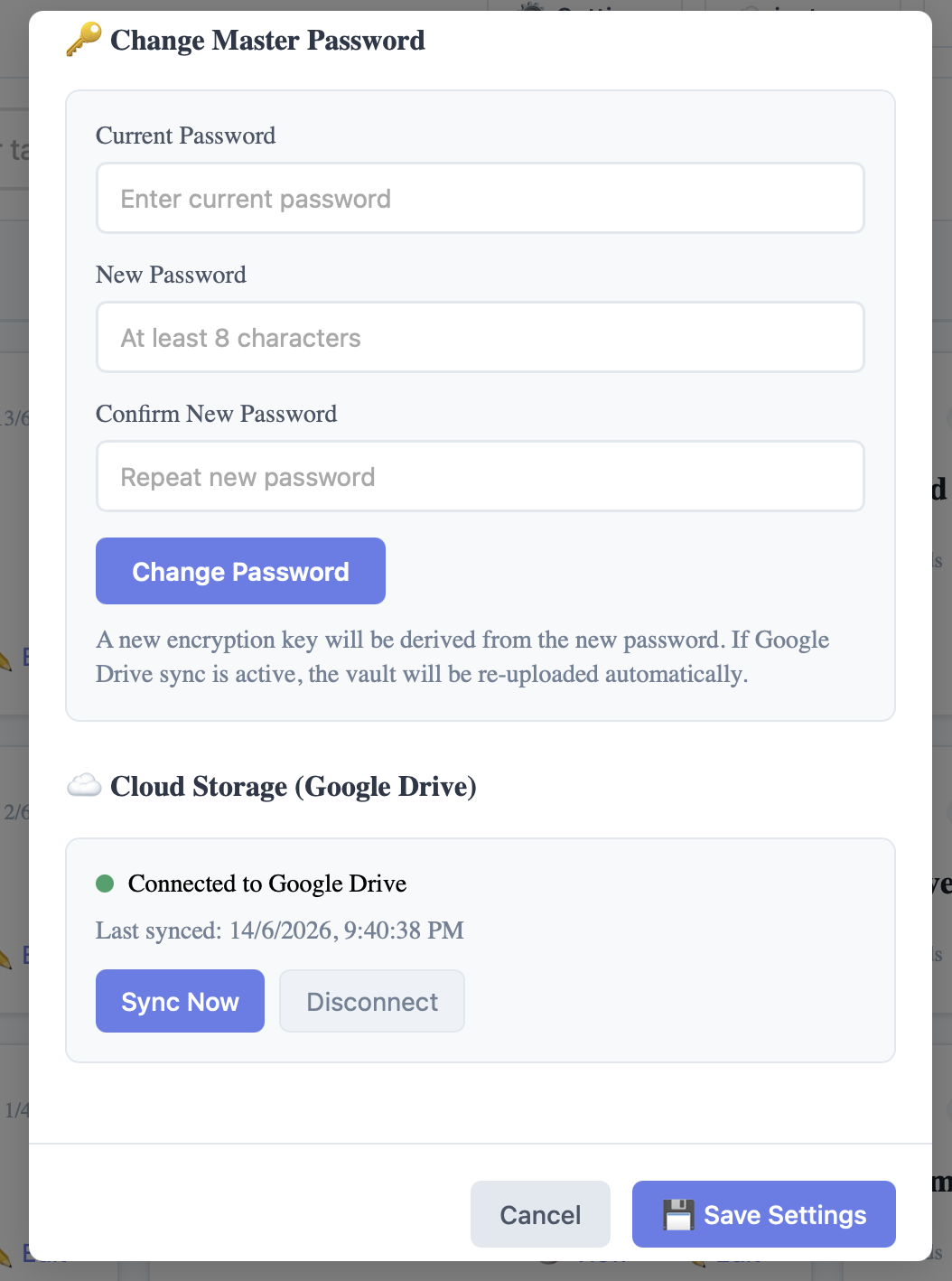 Cloud storage screen showing Google Drive connection