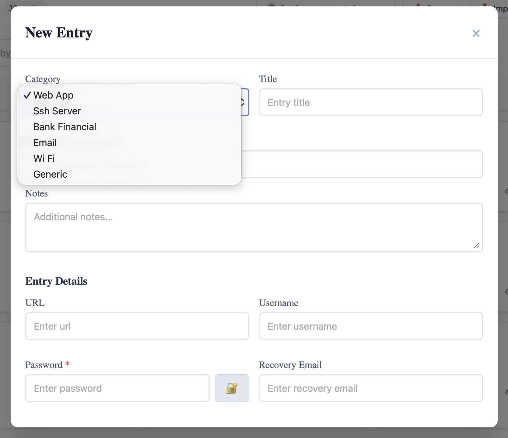New entry screen with category selection and field templates