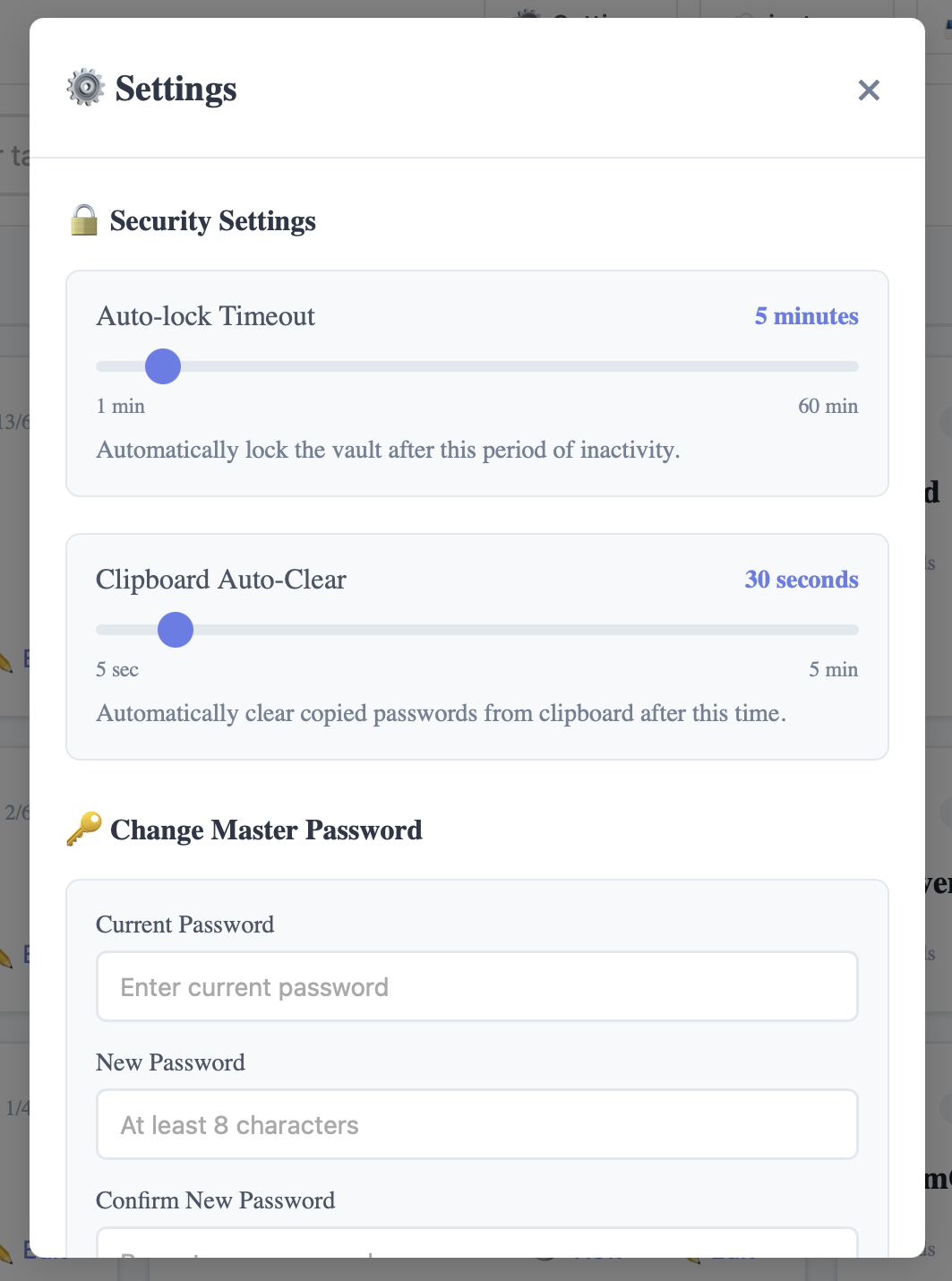 Settings screen showing auto-lock and master password change